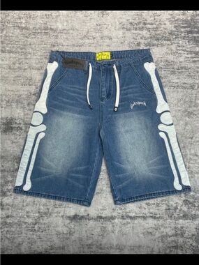 Godspeed Men’s Blue Denim Shorts with White Bone Accent size 38 available